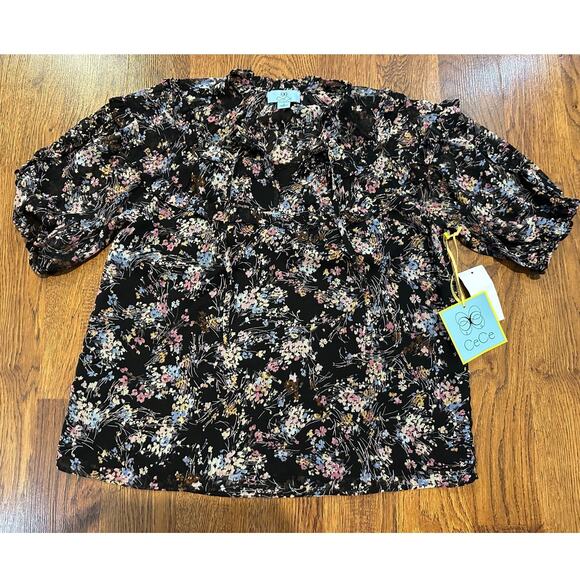 CeCe Women's Floral Print Ruffle Sleeve Blouse Black Size Small NWT Elegant Chic - Picture 1 of 10